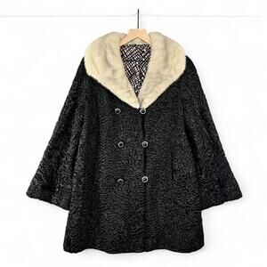 Vintage‎ 50s Black Persian Karakul Curly Lamb Fur Coat Tan Mink Collar Mobwife L